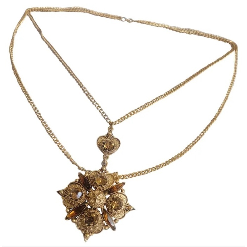 FLORENZA Signed Victorian Renaissance Revival Topaz Rhinestone Necklace